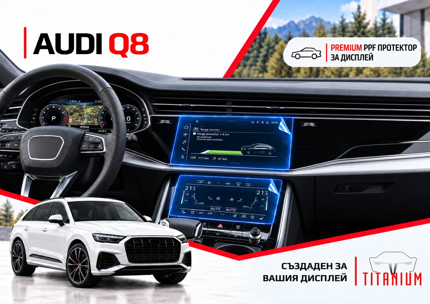 Audi Q8/ SQ8/ RS Q8/ E-tron 2018-2026 | PPF протектор за дисплей